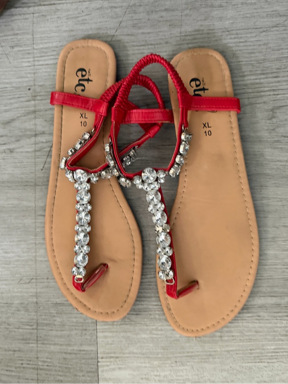 Embellished Red T-Strap Sandals - Women